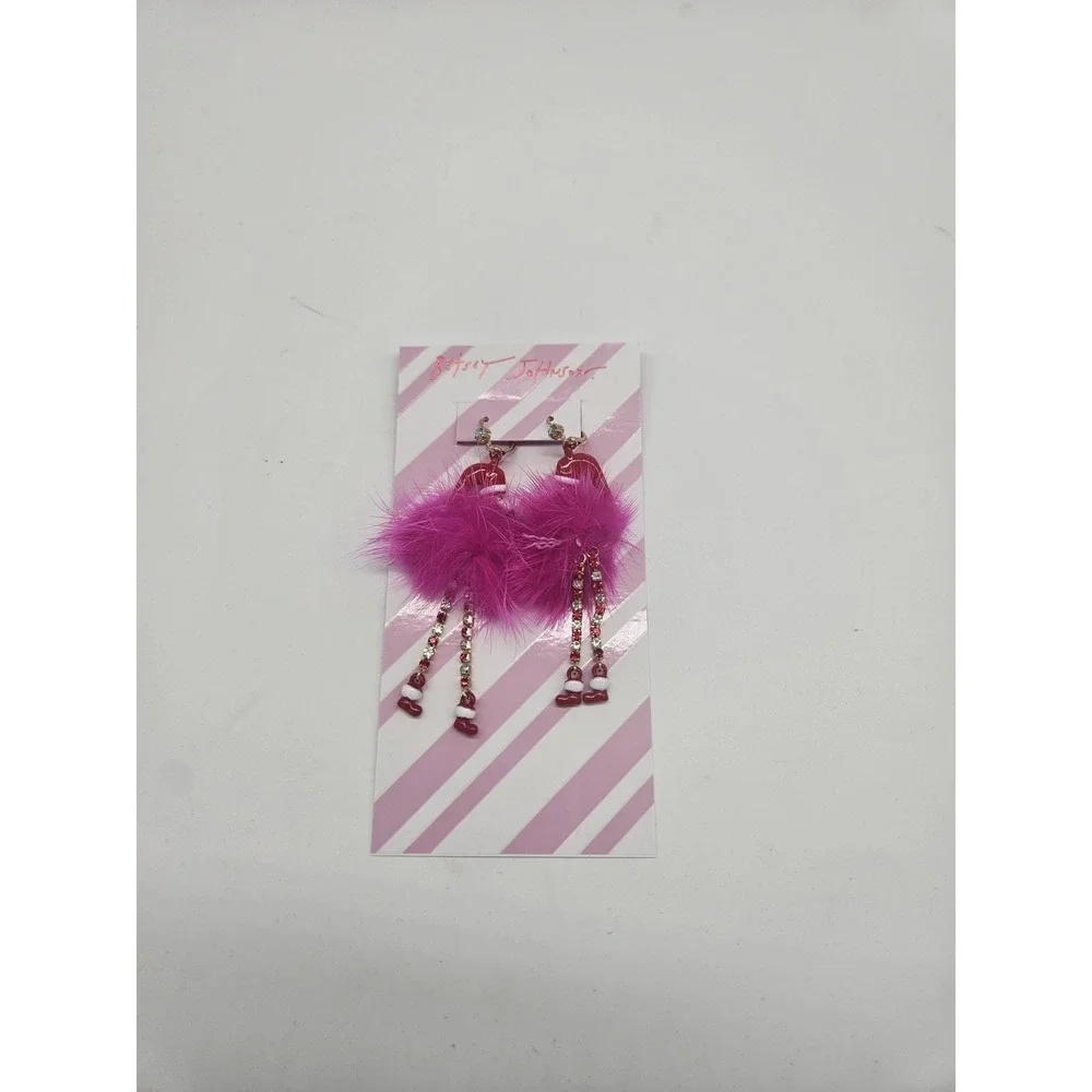 Betsey Johnson Gold Tone & Pink Fluffy Santa Flamingo Drop Earrings Crystal NWT‎